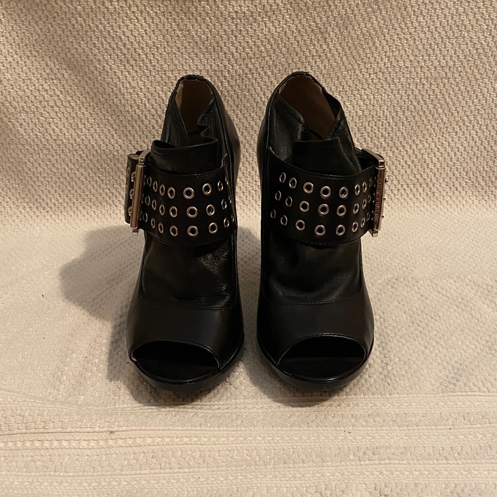 Michael Kors Black Peep-Toe Ankle Boots with Studded Strap